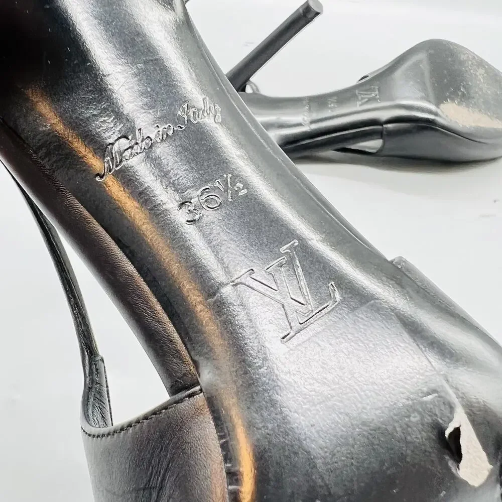 Louis Vuitton Shoes Womens 6.5 Black Leather Cap Toe Slingback Stiletto Heels - Picture 9 of 12